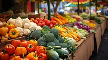 ai généré une Les agriculteurs marché rempli avec saisonnier des fruits, des légumes. génératif ai photo