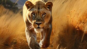 ai généré une Lion en marchant par une sec herbe champ. génératif ai photo