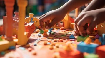 ai généré fermer de mains bâtiment une terrain de jeux dans une défavorisé quartier. génératif ai photo