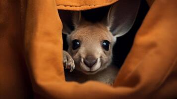 ai généré une bébé kangourou coups d'oeil en dehors de derrière une couverture. génératif ai photo