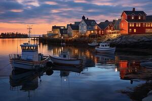 ai généré reflets de lumières dans une calme port à crépuscule. génératif ai photo