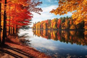 ai généré une serein vue de une paisible Lac entouré par coloré des arbres. génératif ai photo