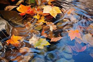 ai généré un abstrait réflexion de coloré feuilles sur le surface de une clair flux. génératif ai photo