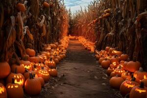 ai généré une bonbons blé Piste de premier plan à une Halloween citrouille correctif. génératif ai photo