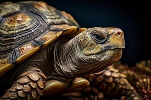 ai généré une fermer de une la tortue ancien et patiné coquille, une testament à longévité et survie. génératif ai photo