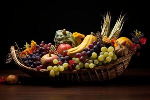 ai généré une décoratif corne d'abondance rempli avec récolte des fruits. génératif ai photo