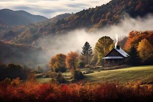 ai généré une pittoresque coup de une cabine niché dans une vallée, entouré par roulant collines orné avec tomber feuillage, invoquer une sens de l'automne retraite. génératif ai photo