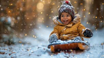 ai généré peu fille en jouant dans neige photo