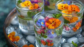 ai généré Trois verre pots rempli avec fleurs et citrons photo