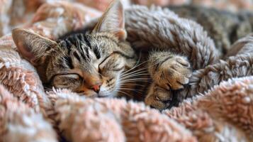 ai généré chat en train de dormir dans pile de couvertures photo