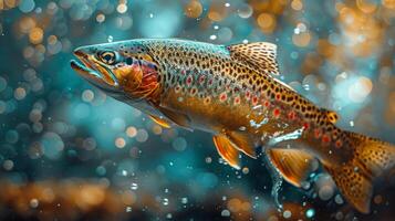 ai généré marron poisson sauter en dehors de l'eau photo