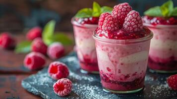 ai généré framboise cheesecake dans une pot avec une cuillère photo