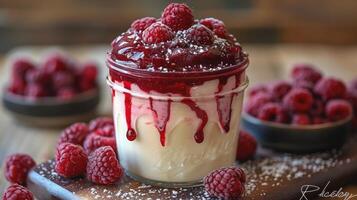 ai généré framboise cheesecake dans une pot avec une cuillère photo