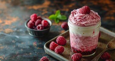 ai généré framboise cheesecake dans une pot avec une cuillère photo