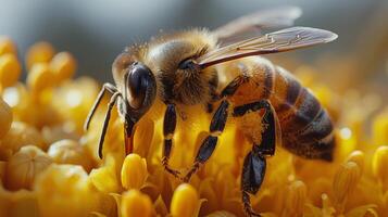 ai généré abeille collecte nectar sur nid d'abeille photo