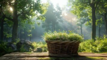 ai généré panier sur en bois table photo