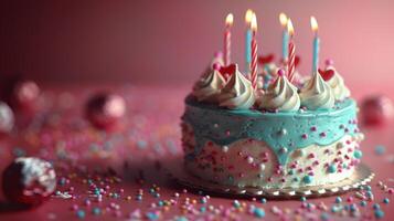 ai généré anniversaire gâteau avec blanc Glaçage et allumé bougies photo