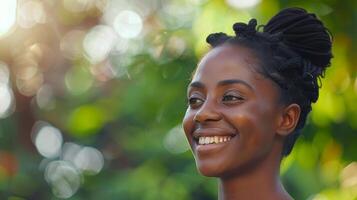 ai généré souriant femme à la recherche à caméra photo