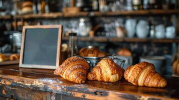 ai généré des croissants et des pâtisseries arrangé sur table photo