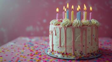 ai généré anniversaire gâteau avec blanc Glaçage et allumé bougies photo