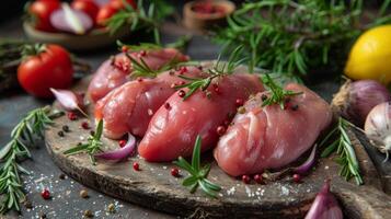 ai généré Frais brut poisson avec herbes et citrons photo