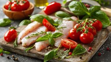 ai généré Frais brut poisson avec herbes et citrons photo