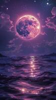 ai généré violet lune moulage lumière sur rocheux plage photo