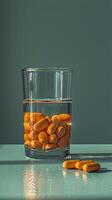 ai généré Trois pilules et verre de l'eau sur table photo