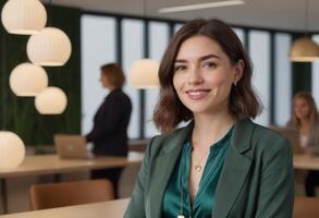 ai généré sur de soi femme sourit dans une bien éclairé Bureau espace. photo