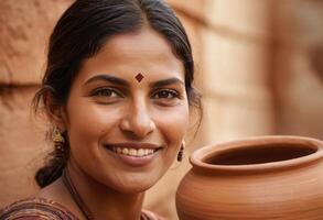 ai généré une femme sourit tandis que entouré par Fait main en terre marmites, indiquant une poterie artisanat paramètre. photo