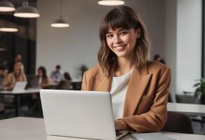 ai généré Jeune femme dans beige veste se concentrer sur portable. professionnel et dévoué affaires atmosphère. photo