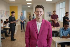 ai généré sur de soi homme dans rose costume, permanent dans bureau. élégant et vibrant travail environnement. photo