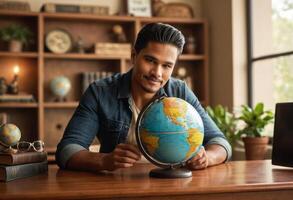 ai généré une concentré homme examine une globe par une étagère à livres. capture le essence de apprentissage et exploration. photo