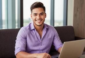 ai généré une homme sourit tandis que travail sur le sien portable dans un bureau. le sien violet chemise suggère une toucher de personnel style dans le sien professionnel vie. photo