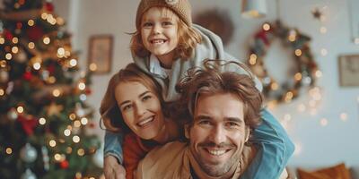 ai généré proche en haut photo du visage portrait de souriant Jeune caucasien père et deux petit les enfants jouer ensemble à maison. content Célibataire papa parent avoir amusement étreinte embrasse prendre plaisir fin de semaine avec peu des gamins