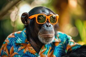 ai généré une élégant chimpanzé enfiler Orange des lunettes de soleil et une vibrant hawaïen chemise photo