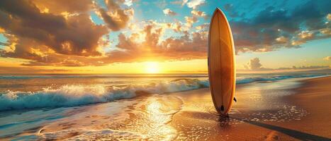 ai généré un droit planche de surf attend un de bonne heure Matin session sur une serein plage photo