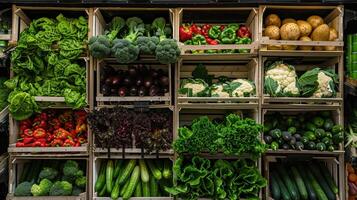 ai généré une soigneusement organisé supermarché étagère affichage une variété de Frais biologique des légumes photo