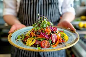 ai généré une professionnel chef mettant en valeur une magnifiquement arrangé coloré salade sur une assiette photo