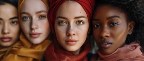 ai généré une fermer de une multiculturel groupe de Jeune femmes mettant en valeur beauté et diversité. photo