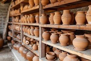 ai généré une Lignes de traditionnel argile poterie stockée sur étagères dans une rustique atelier environnement. photo