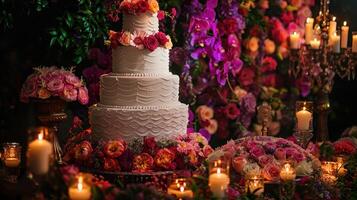 ai généré une à plusieurs niveaux élégant mariage gâteau entouré par une vibrant tableau de fleurs et bougies photo