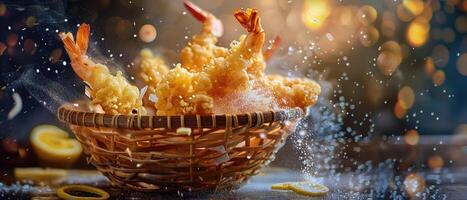 ai généré une stylisé photo de croustillant crevette tempura éclatement énergiquement de une tissé panier