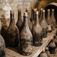 ai généré un atmosphérique coup de vieilli, poussiéreux du vin bouteilles doublé en haut sur une en bois étagère dans un vieux cave, évoquant une sens de histoire et ancien qualité. photo