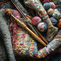 ai généré artistique tricot scène avec fleuri en bois aiguilles et des balles de panaché fil parmi une tricoté modèle. photo