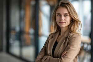 ai généré sur de soi femme d'affaires dans professionnel tenue mettant en valeur direction et entreprise présence dans Bureau réglage photo