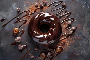 ai généré Chocolat Donut vitré avec sucré garnitures sur une texturé pierre Contexte photo