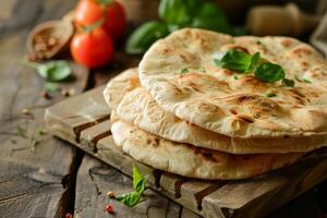 ai généré Pita pain sur une en bois planche avec tomates basilic et épices dans une rustique culinaire réglage photo