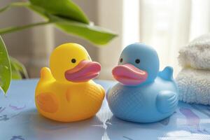 ai généré Jaune et bleu caoutchouc canards une baignoire jouets sont espiègle et mignonne dans une salle de bains réglage photo