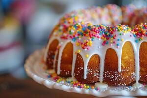 ai généré bundt gâteau avec coloré arrose et blanc glaçage comme une de fête dessert traiter photo